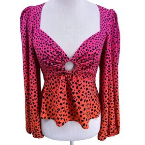 AFRM Leopard Print Ombre Balloon Sleeve Ring‎ Detail V Neck Top M/M